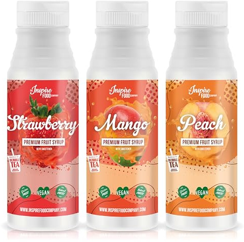 INSPIRE FOOD Sirop Bubble Tea Set - 3x Pur Jus de Fruit 300ml | Fraise, Mangue & Pêche | Pur Jus de Fruit pour Bubble Tea, Boba Tea & Slushes | 100% végétarien, sans gluten