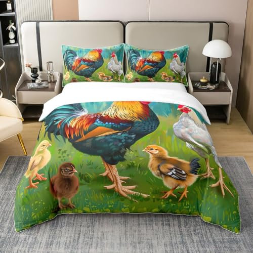 Bunte Hahn 100% Bio Baumwolle Bettbezug für Teenager,Chick Hen Bettwäsche Set,Rustikale Grüne Blatt Tröster Abdeckung,Geflügel Bauernhof Tier Bettbezug mit Reißverschluss Verschluss,200x200