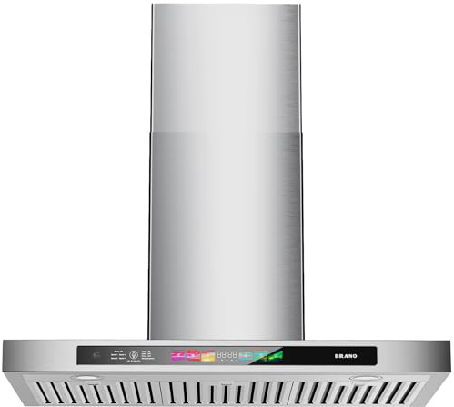 BRANO 36 Inch Wall Mount Range Hood 900 CFM with Voice/Gesture/Touch Control, Stainless Steel Ducted Kitchen Hood Vent with 4 Speed Exhaust Fan, Memory Mode, Adjustable Lights