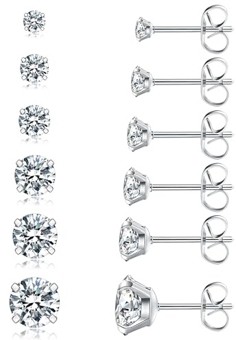 HARJJME 6 Paires Or Argent Clous d'oreilles Lot Boucles d'oreilles Femme Acier Inoxydable 5A+ Zircone Cubique Piercing Oreille Cartilage Tragus pour Homme Bijoux Cadeau