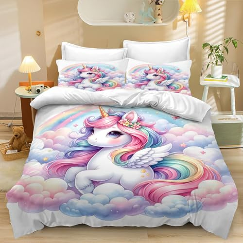 CYSYLQW Einhorn Bettwäsche 135x200cm Kinderbettwäsche Einhorn Rosa Mädchen Kinder Bettbezug Set Für 3D Microfaser Rosa Einhorn Bettwäsche-Sets Mit Reißverschlus (135 x 200 cm,4)
