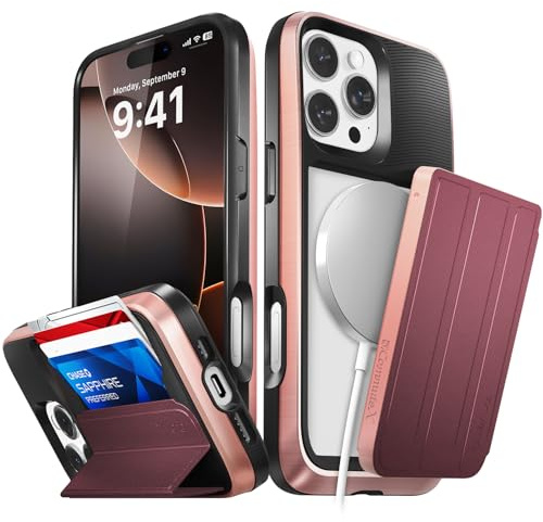 VENA vCommuteX for iPhone 16 Pro Max Wallet Case (MagSafe Compatible), [Military Grade Drop Protection] Detachable Leather Cover Slot Card Holder with Kickstand - Red