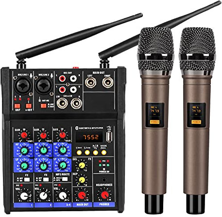 CVNIMV Mezclador de Sonido de 4 Canales, Consola de Mezcla Digital Profesional para DJ con micrófono inalámbrico, Compatible con Bluetooth, Mesa de Mezclas de Audio de Estudio