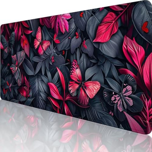 Rosa Mauspad XXL 800 x 300, Erweiterte Groß Mousepad Schmetterling, Wasserfest Schreibtischunterlage Vernähte Kanten Design, Mouse Pad mit rutschfeste Gummibasis für Pc Büro Deko, Geschenke r-3
