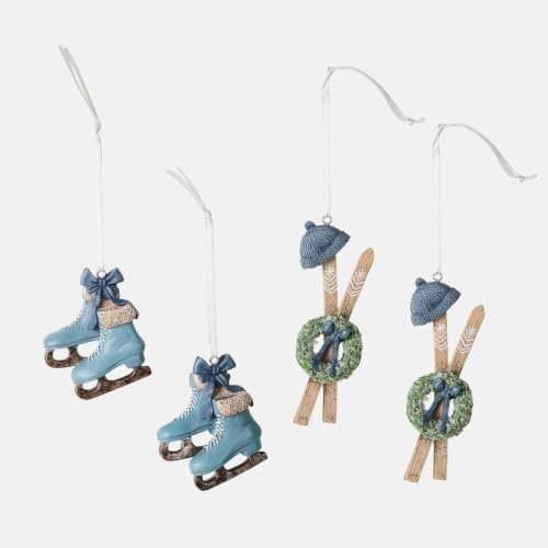 Loberon Anhänger 4er Set Papeta, blau | Zwei Winter-Designs - Detailreich & Stimmungsvoll - von Hand Bemalt - Weihnachten - Christbaumschmuck