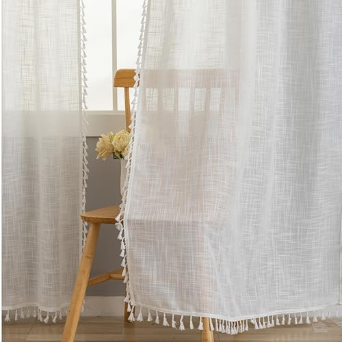 VOILYBIRD 2 Stück Weiß Natürliches Leinen Mischgewebe Bauernhaus Landhausstil Vorhänge für Schlafzimmer Wohnzimmer (H245 x B140 cm, Weiß Quasten)