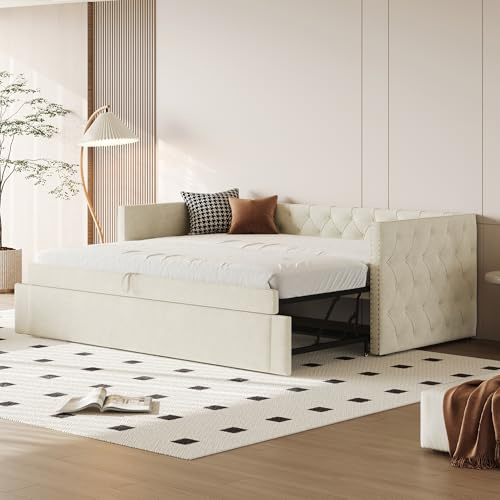 Zravenna Polsterbett Tagesbett 90x200 mit Ausziehbett und Lattenrost, Ausziehbett Gleiche Höhe, Schlafsofa Ausziehbar zum Doppelbett, Vollform mit Knöpfen,Gästebett, Samtstoff, Beige