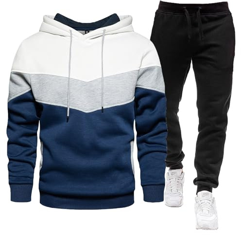 Oanviso Tuta Uomo Completa Felpata Invernale Da Casa Casual Colorata Patchwork Completo 2 Pezzi Set Sportivo Felpa Con Cappuccio e Pantaloni Abbigliamento Sport Jogging Outfit A Bianco L
