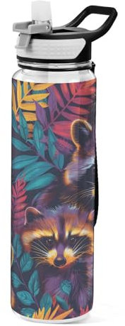 OWFKAY Wasserflasche mit Strohhalm, Tritan, BPA-frei, bunte und verspielte Waschbären, Sport-Trinkflasche mit Tragegriff, auslaufsicher, perfekt für Reisen, Schule, Fitnessstudio, Fitness, Outdoor