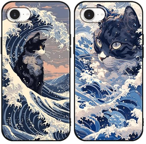 Yimctoie 2 Stück Handyhülle für iPhone 16e 6,1,Cute Karikatur Katze Aesthetic Wellen Muster Case,Cool Cat Cartoon Ästhetik Schutzhülle Schwarz Weich Silikon Hülle TPU Stoßfeste Cover