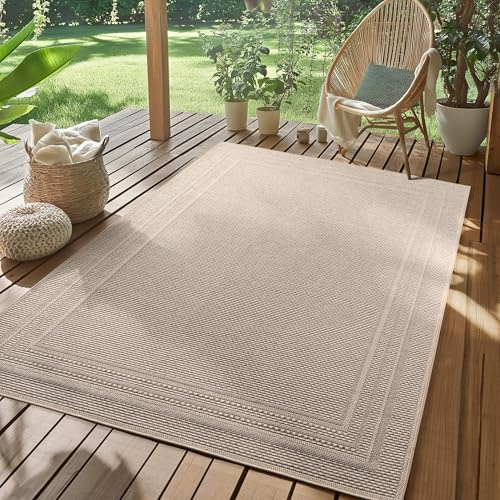 SIMPEX Outdoor Teppich Beige 200x290 cm Wetterfest UV-beständig Pflegeleicht Einfarbiges Design mit Bordüre für Küche Balkon Terrasse Garten Wohnzimmer