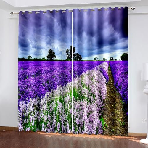 Lirzxin Blickdichte Vorhänge 229 cm Lang, Gardinen Verdunkelung mit Ösen 2er Set Lila Blau Braun Lavendelfeld Landschaft Vorhang für Wohnzimmer Schlafzimmer Kinderzimmer, 244x229 cm(BxH)