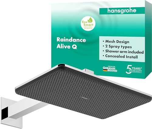 hansgrohe Raindance Alive Q - Kopfbrause mit Brausearm, Duschbrause (340 x 210 mm), Regendusche mit 2 Strahlarten für Wandmontage, Brausekopf mit Antikalk-Funktion, Chrom, 24550000