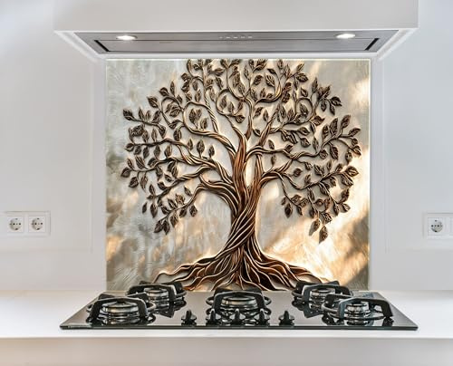 Myphotostation 90x60cm Bronze & White Tree of Life Glass Splashback for stove Tempered Glass Backsplash, Glass Backguards For Kitchen, Stove Wall Protector, Cooker Wall Panel, Stove Back Cover