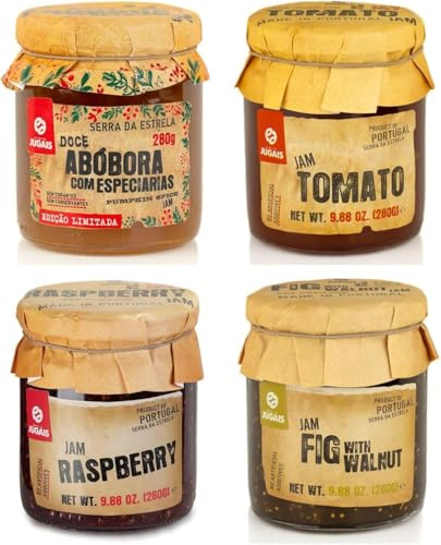 Sélection de Confitures Variées – Lot de 4 pots de 280 g – Saveurs Uniques : Potiron aux Épices, Tomate, Framboise, Figue aux Noix – Sans ingrédients artificiels.