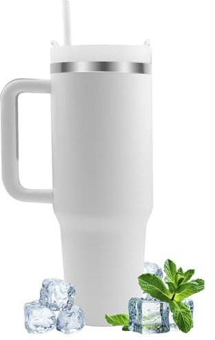 Gratuipolmep 40oz Tazza Termica con Cannuccia e Manico, Borraccia Termica per Auto in Acciaio Inox a Doppia Parete, Tazze Isolate Senza BPA, Tazza Mug Termica, per Bevande Calde e Fredde, Bianco