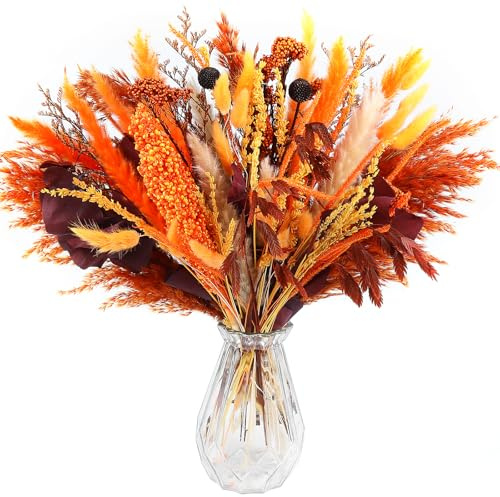 Songjum 59 Stück Natürliche Getrocknete Pampasgras Herbststrauß Dekoration Orange Trockenblumen für Herbst Hochzeitsdeko Boho-Blumen Tischdekoration Hause Rustikale Bauernhausparty