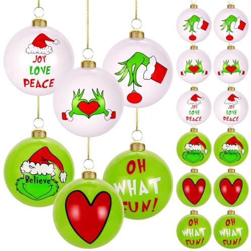 Christmas Decorations, 12 Pcs 2.4 Green & White Shatterproof Christmas Ornaments Set with Hooks, Xmas Classic Tree Balls for Holiday Indoor Outdoor Décor, Wreath, Garland, Party Décor