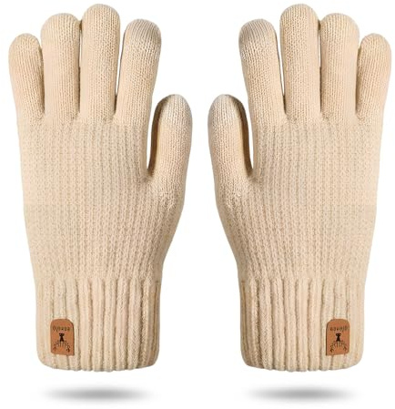 Gants Tactiles Hiver, Gants Tricot Thermique, Tricotés Gant de Travail Antidérapants, avec Doublure en Thermique, pour Homme Femme, pour Ski Vélo Conduite Outdoor Sport, Cadeaux d'hiver (Beige)
