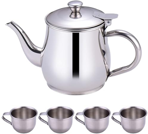 Metal Teapot, Kids Tea Set Includes Portable 330ml Stainless Steel Long Spout Teapot with Filter and 4 70ml Cups for Children