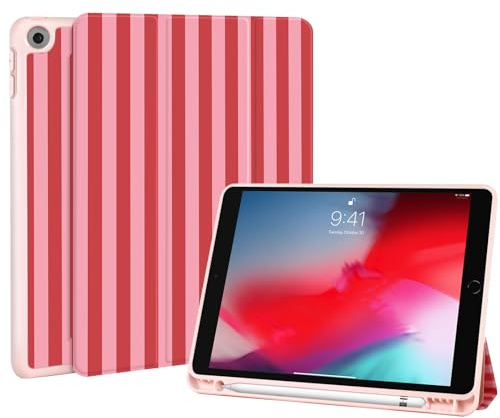 Fycyko Hülle für iPad 9./8./7. Generation 2021/2020/2019, iPad 10.2 Zoll Hülle mit Stifthalter,Cute Rosa und Rot Gestreifte Muster Schutzhülle mit Trifold Ständer,Rot Ästhetisches Schutzhülle