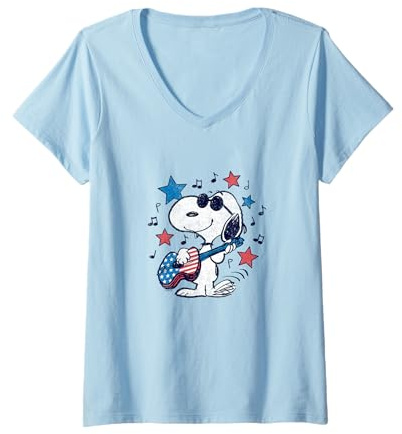 Femme Snoopy Guitare Americana Stars and Stripes T-Shirt avec Col en V