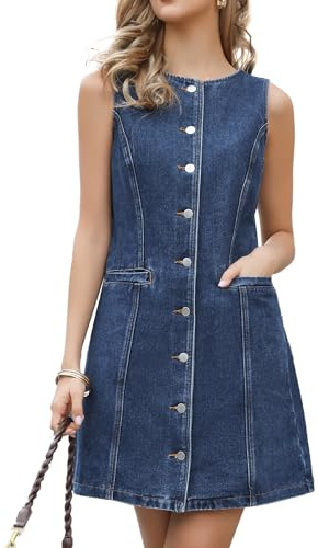 Allegra K Vestido Vaquero para Mujer sin Mangas con Botones sin Cuello Bolsillos Tubo