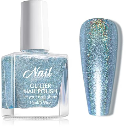 Dusty Blue Nail Polish - Holographic Nail Varnish - Lake Blue Glitter nail Polish - 60 Seconds Nail Varnish Quick Dry - 10ml Shimmer Iridescent Shine, No Bake UV/LED, Long Lasting for Women