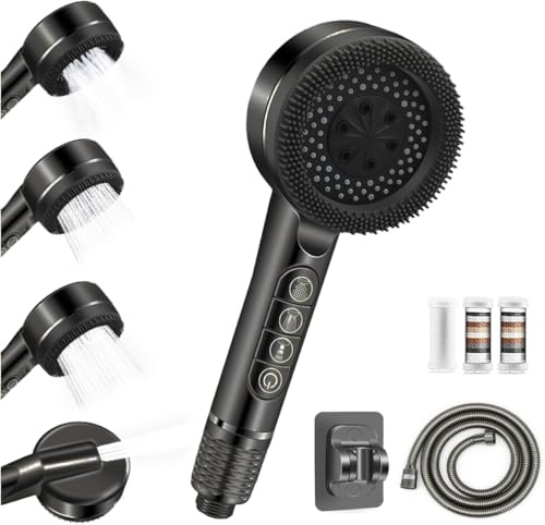 Pommeau de Duche Haute Pression,Pommeau Douche Economie Deau 4 Types de Jets Pommeau de Douche Anti Calcaire avec Tuyau Douche 1.5M et Support de Douche, avec Bouton D'arrêt D'eau Noir