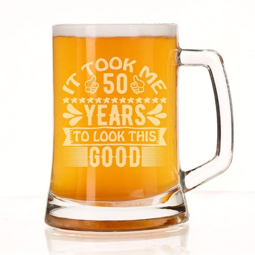 50th Birthday Beer Stein Gift for Him or Her - Engraved Glass Beer Mug Present 500ml - Funny Birthday Years to Look This Good Keepsake