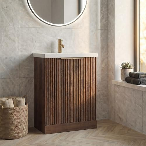 BAYSTONE Fluted 600mm Bathroom Vanity Unit White Ceramic Basin Sink, Cloakroom Storage Furniture Cabinet Floorstanding Cupboard Soft Close, Brushed Brass Handle, Walnut
