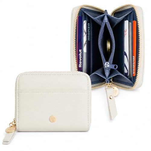 Woodland Leathers Small Purses for Women, RFID-Blocking Multi-Slot Card Wallet with Zippered Coin Pocket, Vegan Soft Leather, Compact Ladies Women Purse (Beige, Small)