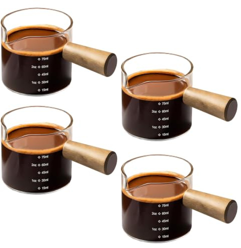 CocCCoon 4 Pcs Espresso Cups Coffee Glasses with Wood Handle, Glass Coffee Cup Latte Glasses Flat White Cups Espresso Shot Glass with 75ml Measurement Lines for Home Barista Beverage Modulation Tool