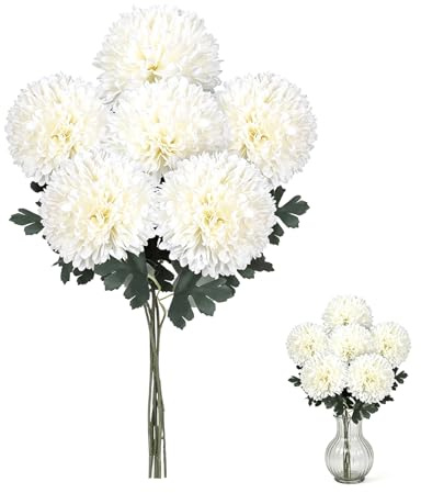 6pcs Artificial Chrysanthemum Flowers,4Inch Chrysanthemum Ball Silk Flower | Faux Hydrangeas Flower with 22 Long Stem for Home Decorations Wedding Party Office Table Garden Floral Arrangement(White)