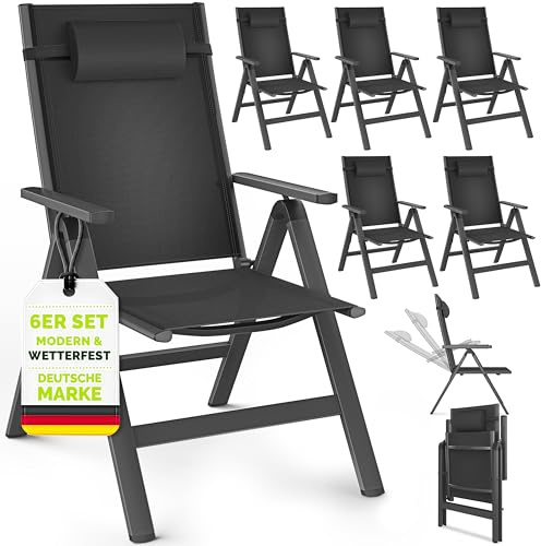 tillvex® Gartenstuhl Hochlehner 6er Set mit Armlehnen & Kopfkissen | Klappstuhl 7-fach Verstellbar | Campingstuhl Klappbar, Wetterfest & Atmungsaktiv | Gartenstühle Balkon Terrasse Aluminium