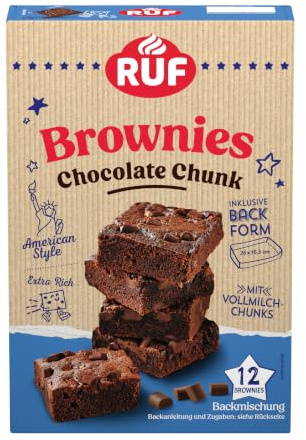 RUF Chocolate Chunk Brownies, Backmischung für saftig weiche Brownies mit Vollmilch-Schokostückchen, inkl. Backform, 1x410g