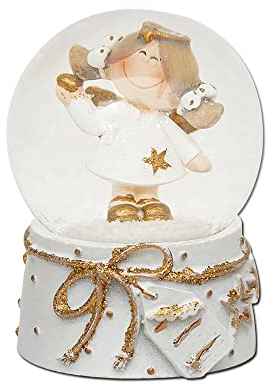 Mini-Schneekugel mit Engel, weiß/Goldener Sockel, Maße L/B/H: 4,5 x 4,5 x 6,5 cm Kugel Ø 4,5 cm.