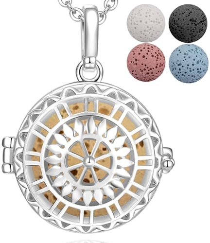 INFUSEU Colgante Difusor Aceites Esenciales, Collar Aromaterapia Plata Colgante Mujer Medallon De Aceite Esencial Joyeria Difusora De Aceite Con 5 Piezas De Piedras De Roca De Lava