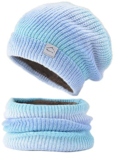 WANYIG Wintermütze Strickmütze mit Schal Damen Warme Mütze Beanie Herbst Winter Schal und Mütze Set 56-60CM (Farbverlauf Blau)