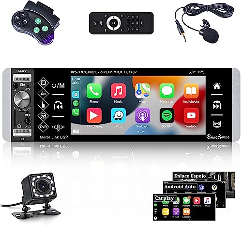 CAMECHO Autoradio 1 Din mit Carplay, 5,1 Zoll Bildschirm MP5 Player mit Andorid Auto/Bluetooth Freisprecheinrichtung/FM Radio/3 USB/TF/AUX-in + Rückfahrkamera