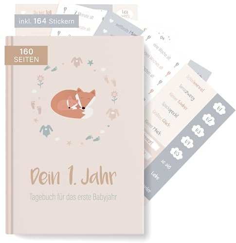 mintkind® Babyalbum Dein erstes Lebensjahr A5 Natur + Sticket Set | Baby Fotoalbum zum Selbstgestalten | Baby Geschenk für Mädchen und Junge | Babybuch zum Eintragen | Baby Buch ab 0 Monate