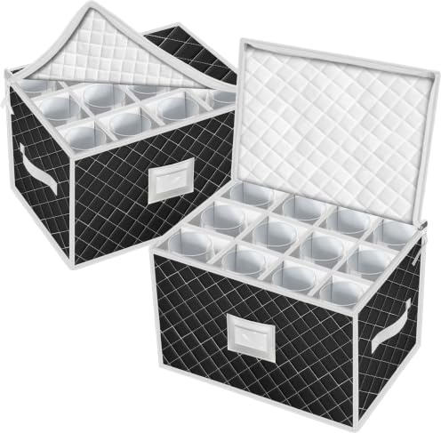 VERONLY Aufbewahrungsbox für Weingläser - 2 Stück Weinflasche Aufbewahrung Staubschutz Kristallglas Schutzbehälter Faltbox mit Trennwänden Etikett für 24 Stielgläser (Schwarz)