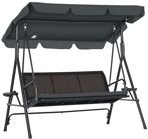Outsunny Columpio de Jardín de 3 Plazas Banco Balancín para Exterior con Toldo Ajustable Asiento de Ratán 2 Portavasos 2 Bandejas y Marco de Acero Carga 320 kg para Terraza Patio 204x112x150 cm Gris