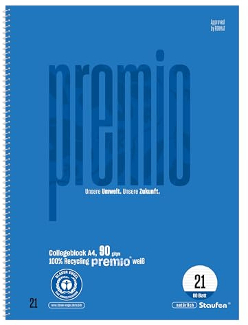 Staufen Premio Collegeblock - 2 Blöcke à 80 Blatt, DIN A4, liniert 9 mm | Lineatur 21, 100% Recyclingpapier, zertifiziert mit dem Blauen Engel, abgerundete Ecken, 90 g/m² Papier