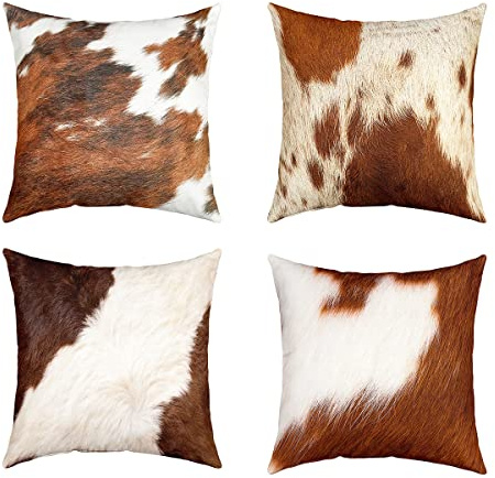 4er Set Kissenbezüge Kuhfell Dekor Kissenbezüge 40x40cm Bauernhaus Rindsleder Quadratisch Kissenhülle für Sofa Wohnzimmer Sofakissen Couchkissen Western Bauernhof Tier Haut Kissenbezug Dekokissen