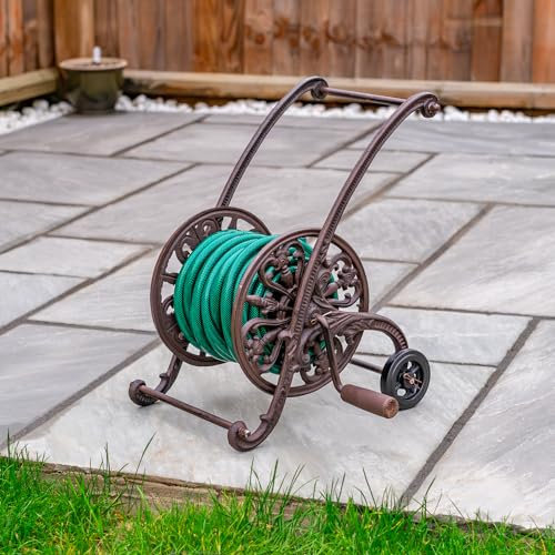 Woodside Cast Iron Garden Water Hose Reel with Wind Up Handle & Wheels, 30m Hose Capacity
