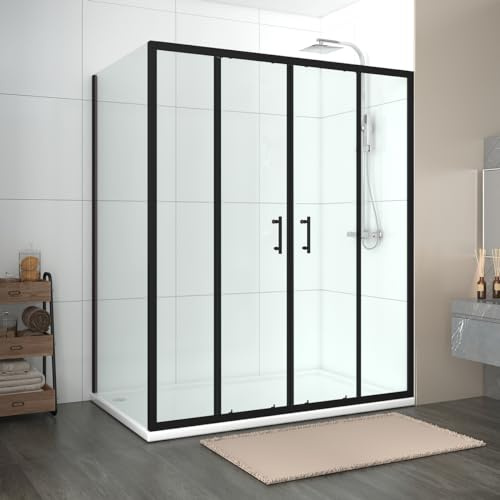NRG 1700 x 700mm Sliding Shower Enclosure Matte Black Framed Bathroom Cubicle Screen Door with Side Panel