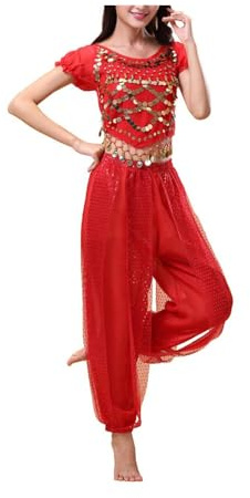 QIRUIRED Costume da danza del ventre, da donna, set da 2 pezzi, con top e pantaloni lanterna, vestito professionale per carnevale, bollywood, indiano, arabo, per esibizioni di danza, M, L, Rosso, L