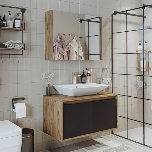 ROOMART • Badmöbel Set • Atlantic • 3-teilig • Keramik Waschbecken mit Unterschrank 65 cm, 85 cm, 100 cm, Spiegelschrank 80 cm (Anthrazit - Eiche, 85 cm)
