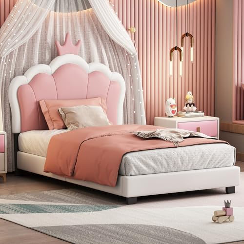 HAINEW Kinderbett Polsterbett mit Kronenformung Kopfteil und Lattenrosten, Rosa Kunstleder Gästebett mit Rückenlehne für Mädchen, ohne Matratze (Weiß - 90 × 200cm)